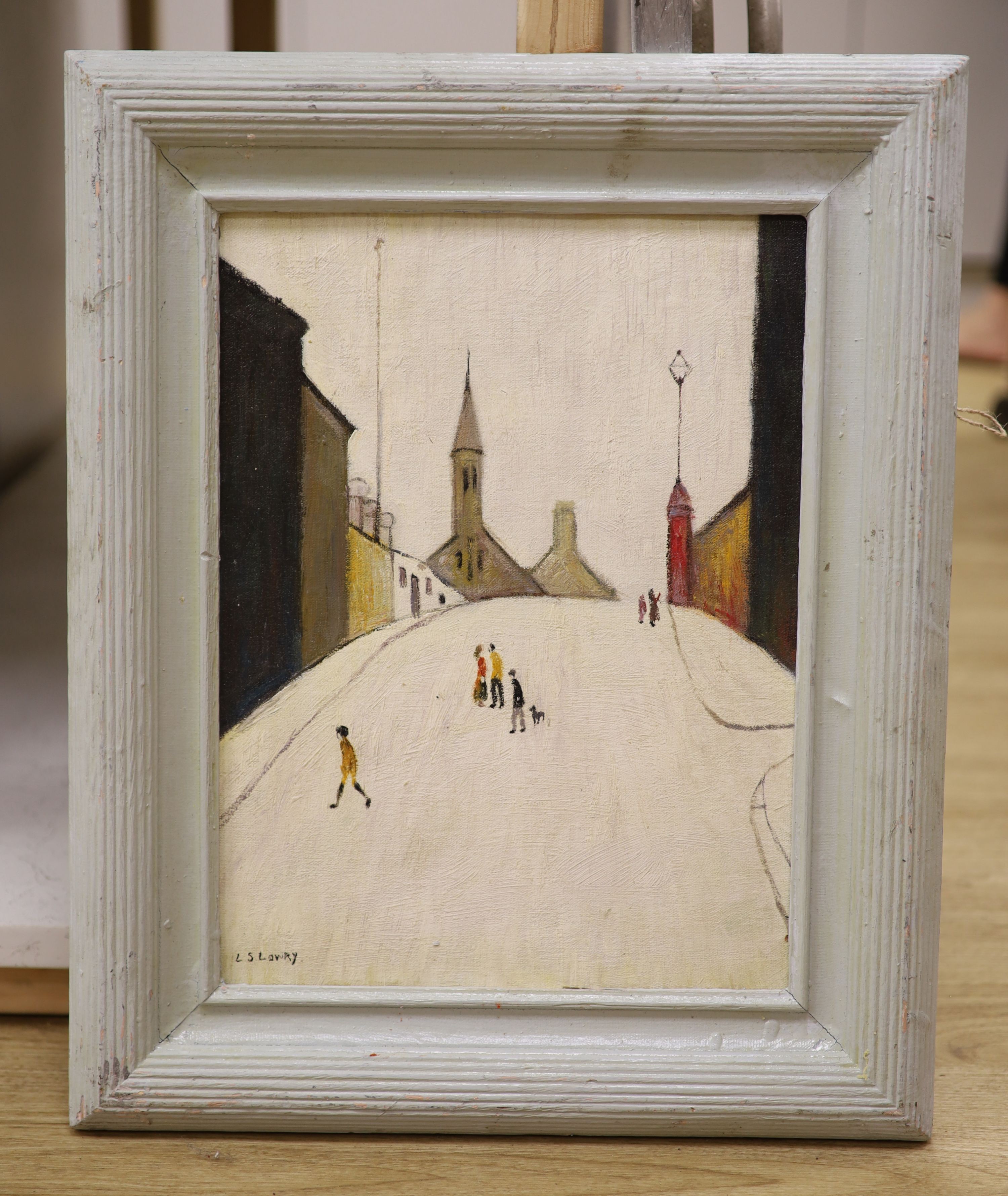 After Lowry, oil on board, Street scene, bears signature, 40 x 30cm.